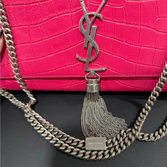 YSL Calfskin Croc Embossed Medium Classic Monogram Kate Tassel Fuchsia - Picture 8 of 13